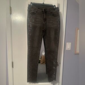 Vocal Distressed Black/Gray Color Skinny Jeans with Sparkle